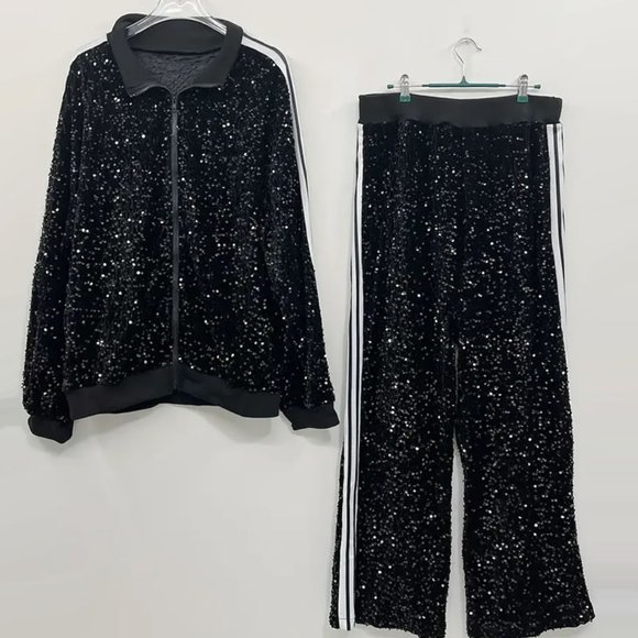 All Over Glitter Sequin Full Zip Jacket and Straight Leg Pant Tracksuit - Picture 4 of 4